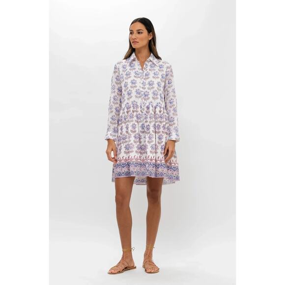 OLIPHANT Long Sleeve Mini Cotton Button Shirt Dress Block Print Portofino Aqua - Picture 9 of 10